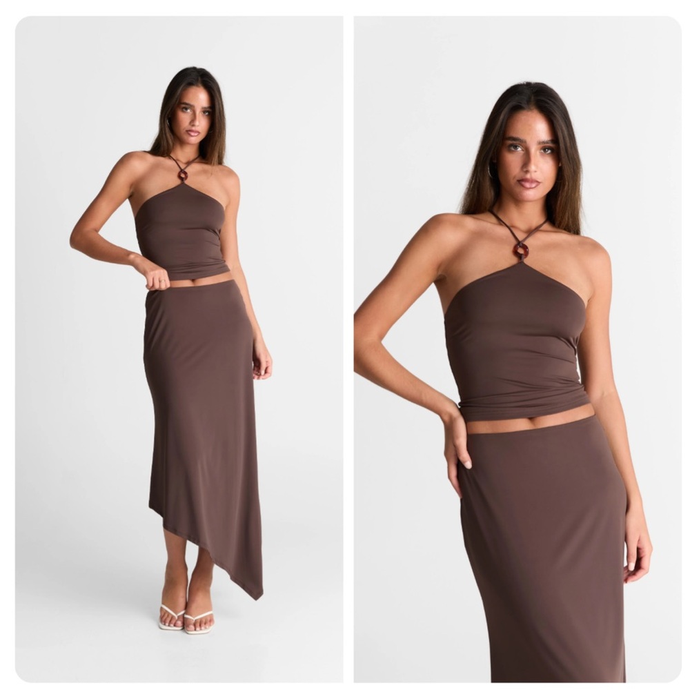 Brown Asymmetrical Maxi Skirt Set for Cocktail